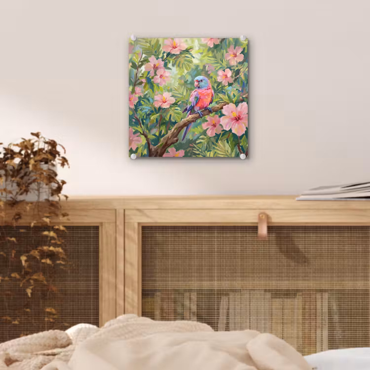 Papagaai - Hibiscusbloemen - Kleurrijk plexiglas 5mm klein -sfeer4