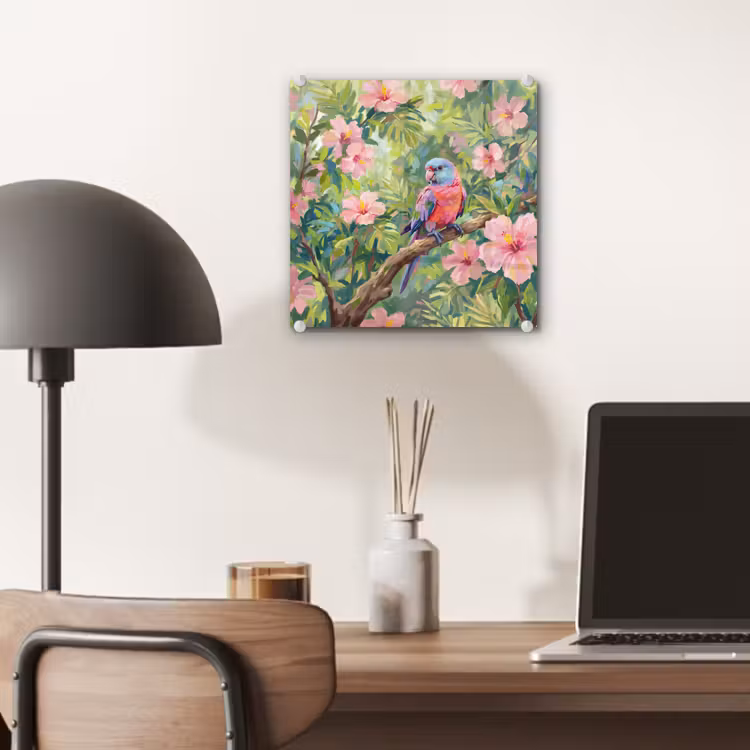 Papagaai - Hibiscusbloemen - Kleurrijk plexiglas 5mm klein -sfeer6