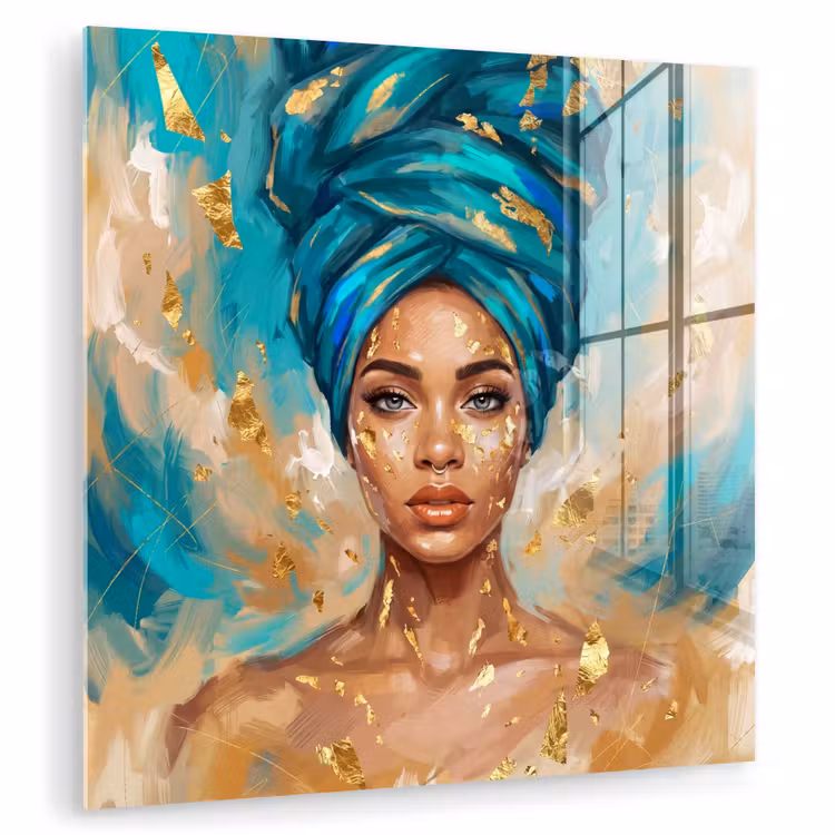 Portret - Vrouw - Schilderij - Blauw - Goud - Expressief plexiglas 5mm klein -zzzproduct_nieuw