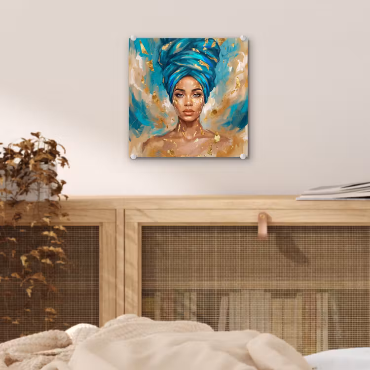 Portret - Vrouw - Schilderij - Blauw - Goud - Expressief plexiglas 5mm klein -sfeer4
