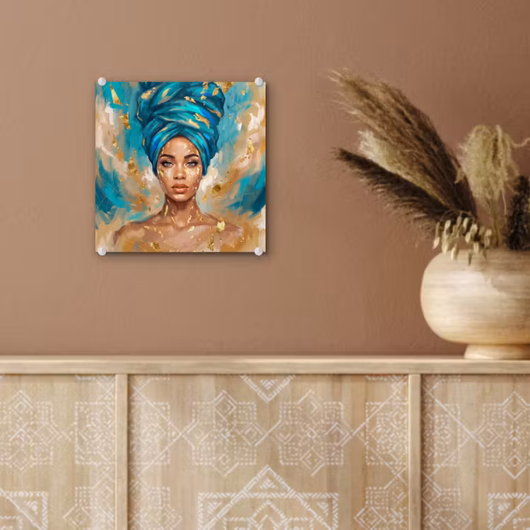 Portret - Vrouw - Schilderij - Blauw - Goud - Expressief plexiglas 5mm klein -sfeer5