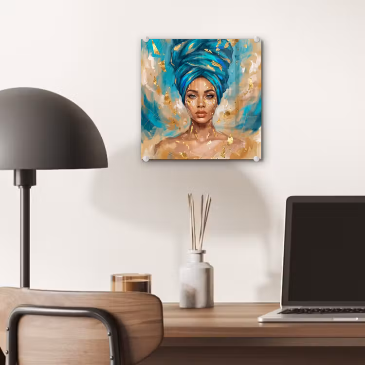 Portret - Vrouw - Schilderij - Blauw - Goud - Expressief plexiglas 5mm klein -sfeer6
