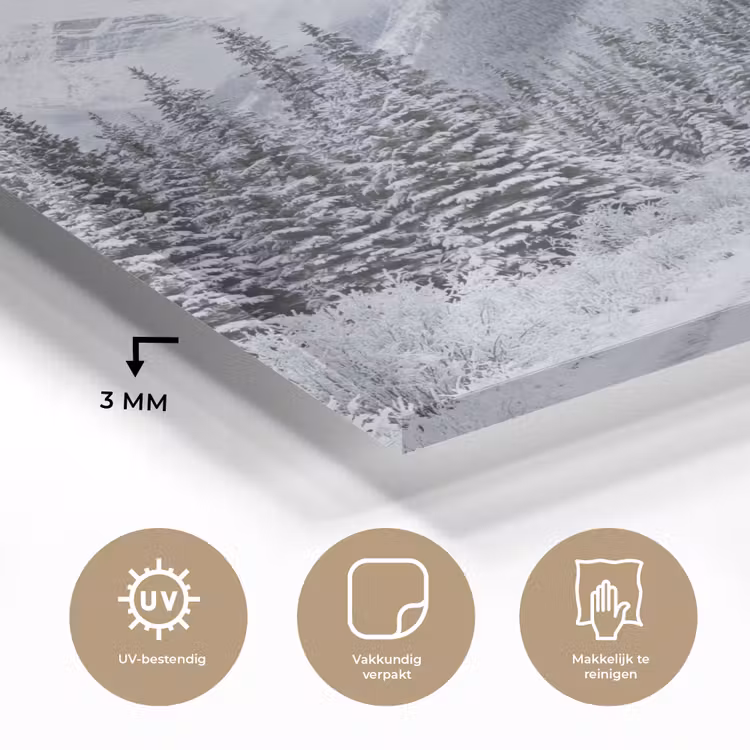 Weg - Bergen - Sneeuw - Naaldbos - Avontuurlijk plexiglas 5mm klein -sfeer2