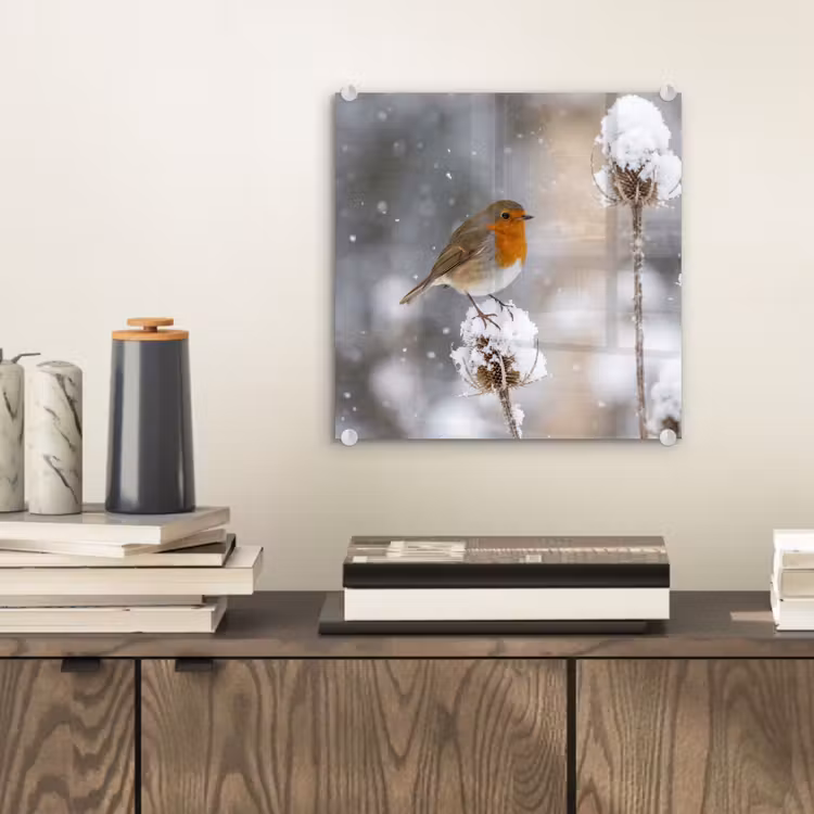 Roodborstje - Gedroogde bloem - Sneeuw - Winter - Vertederend plexiglas 5mm klein -sfeer1