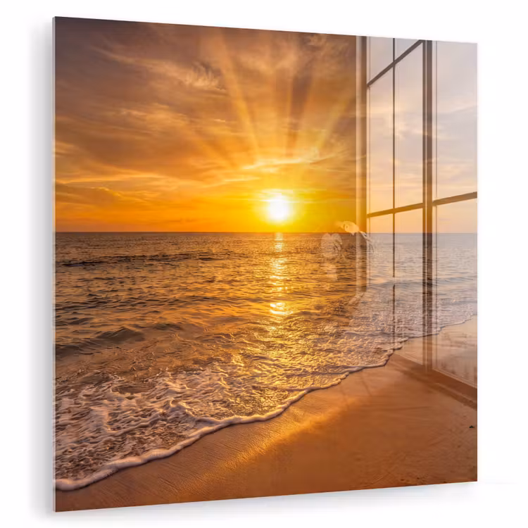 Zee - Zonsondergang - Golven - Kust - Oranje plexiglas 5mm klein -zzzproduct_nieuw