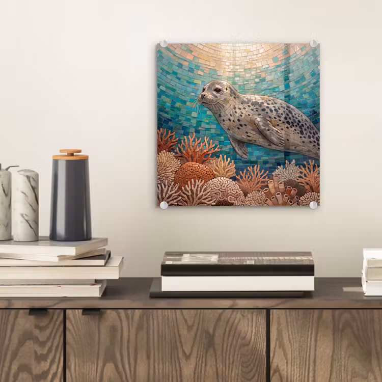 Zeehond - Mozaïek - Onderwater - Dieren - Blauw plexiglas 5mm klein -sfeer1