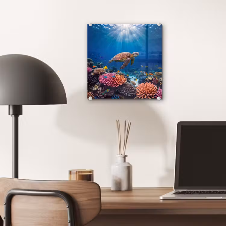 Schildpad - Koraalrif - Oceaan - Dieren - Blauw plexiglas 5mm klein -sfeer6