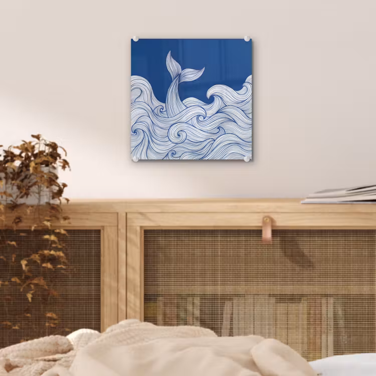 Walvis - Staart - Golven - Lijntekening - Blauw plexiglas 5mm klein -sfeer4