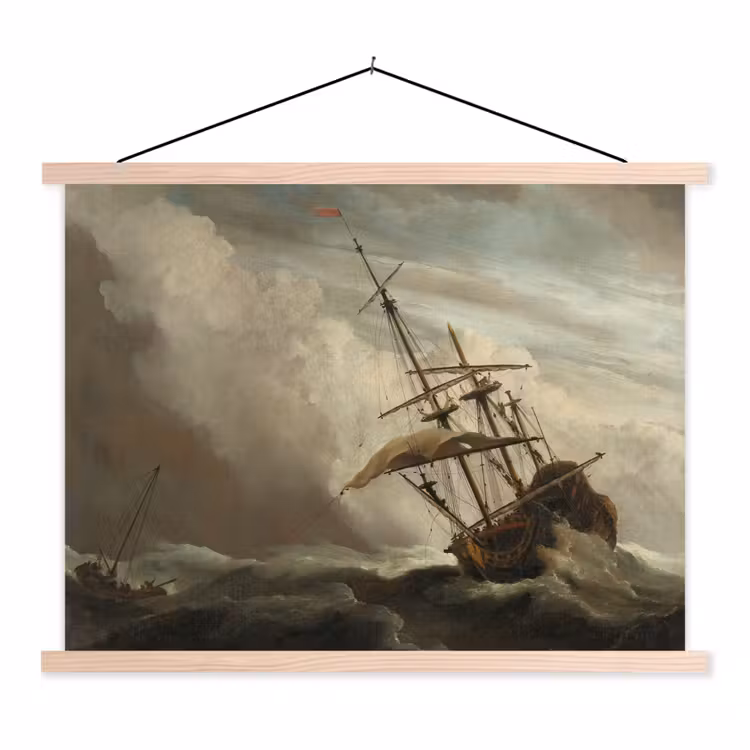 Een schip in volle zee bij vliegende storm - Schilderij van Willem van de Velde textielposter latten blank klein -3d