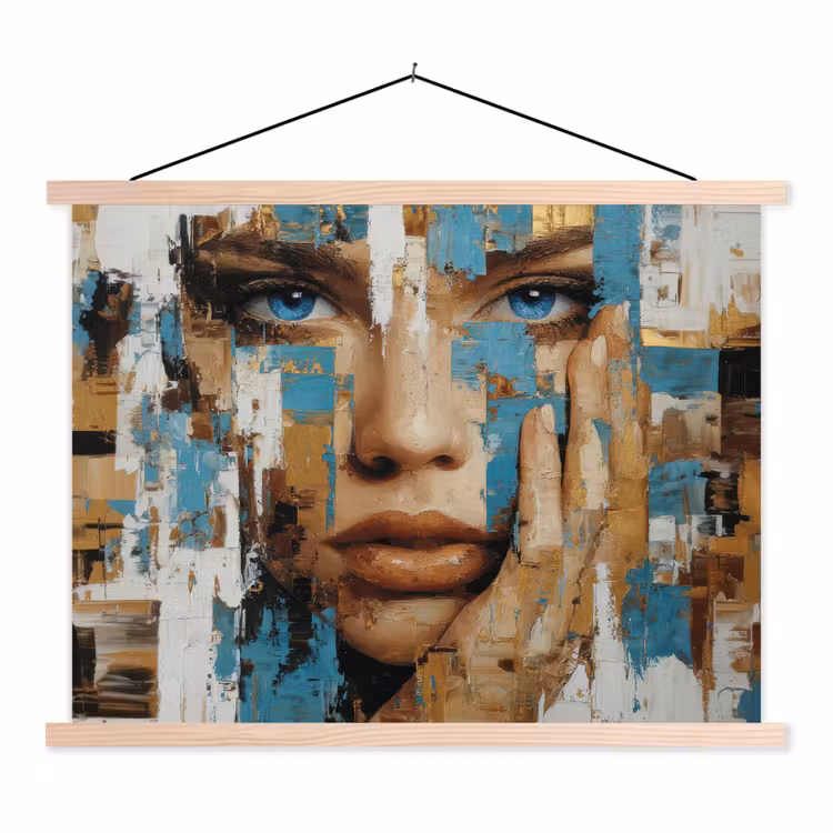 Abstract - Penseelstreken - Blauw - Gezicht textielposter latten blank klein -3d
