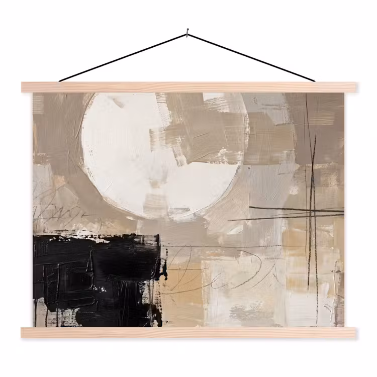 Abstract - Cirkel - Modern - Beige - Zwart - Minimalistisch textielposter latten blank klein -3d