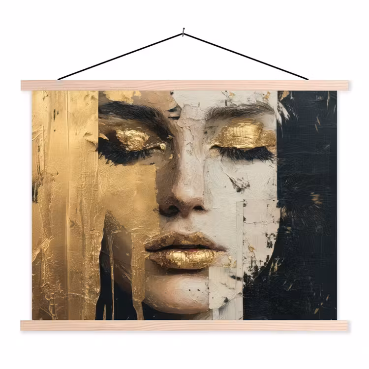 Abstract - Goud - Gezicht - Lippen textielposter latten blank klein -3d