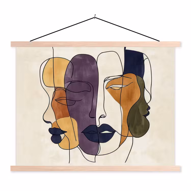 Abstract - Overlappende gezichten - Paars - Donkergroen textielposter latten blank klein -3d