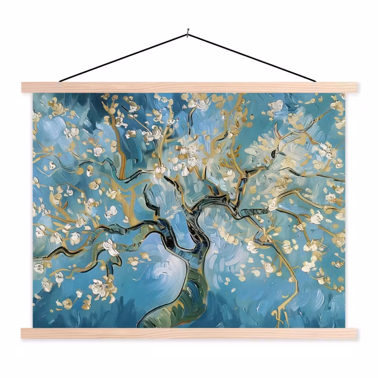 Amandelbloesem boom - Blauw - Abstract textielposter latten blank klein -3d