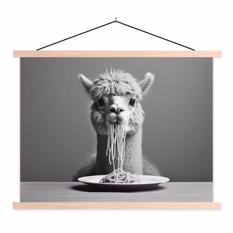 Alpaca - Pasta - Zwart - Wit - Grappig - Dieren textielposter latten blank klein -3d