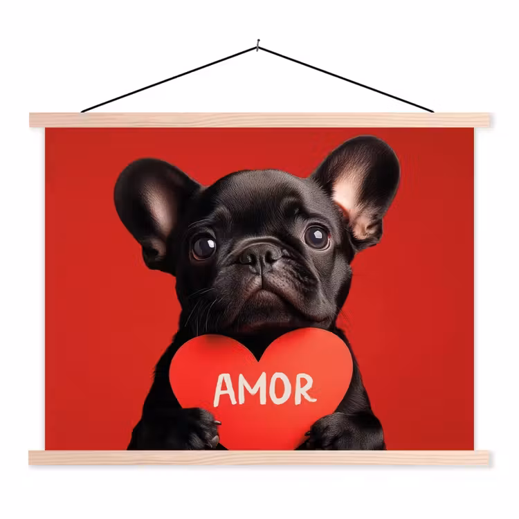 Amor - Hond - Hartje - Rood textielposter latten blank klein -3d
