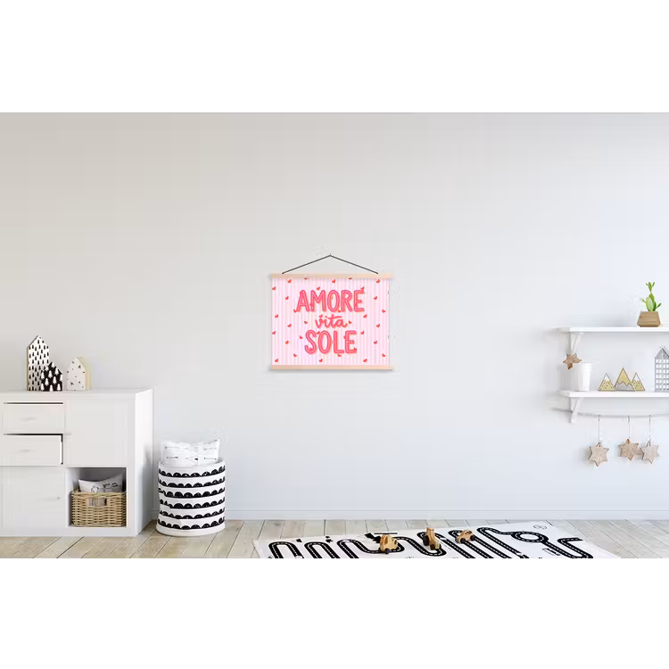 Amore vita sole - Roze - Hartjes textielposter latten blank klein -kinderkamer