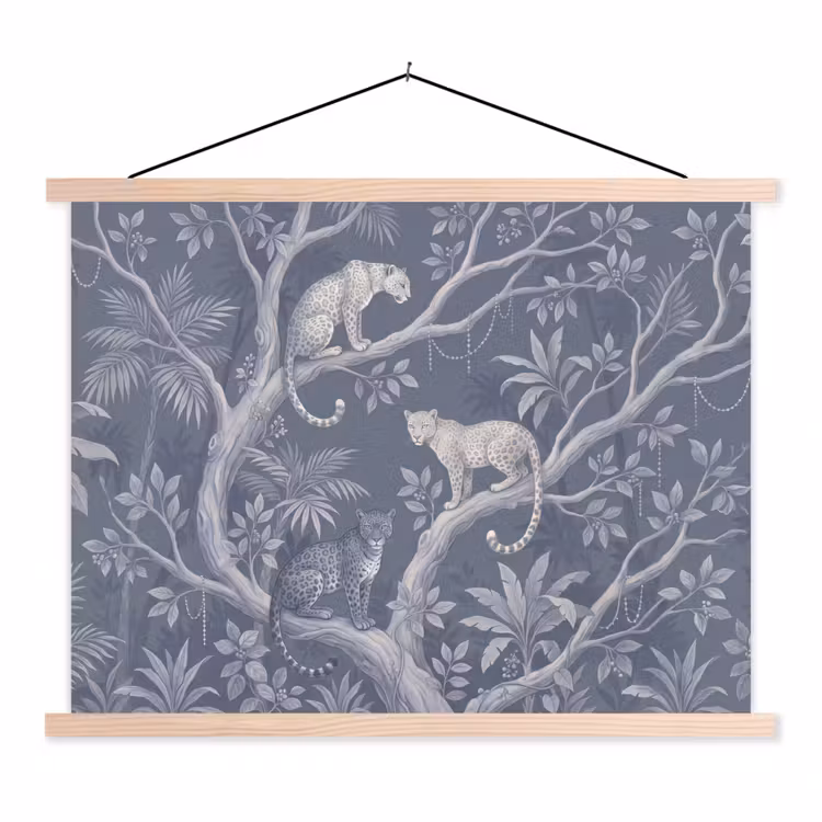 Dieren - Jungle - Illustratie - Bomen - Blauw textielposter latten blank klein -3d