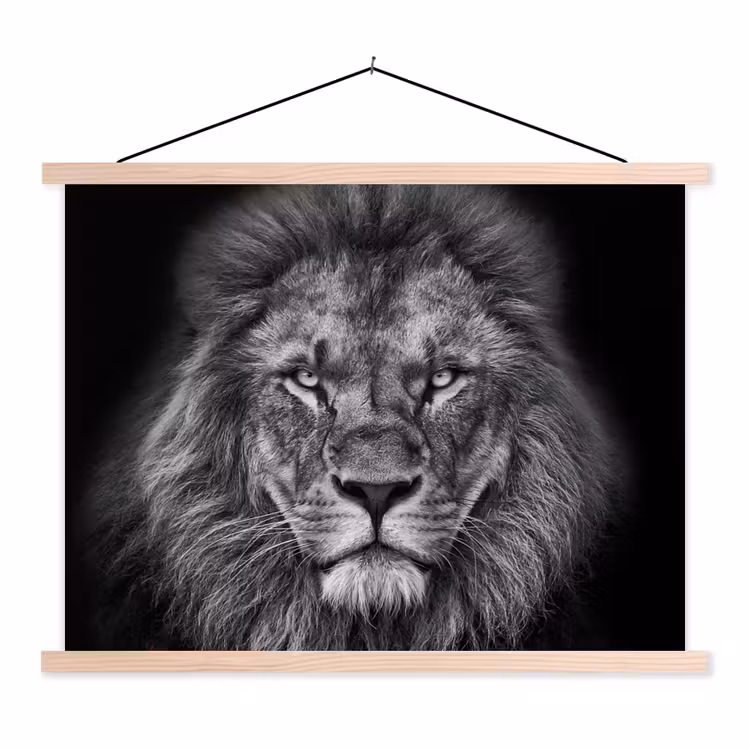 Dieren - Leeuw - Zwart - Wit - Portret textielposter latten blank klein -3d