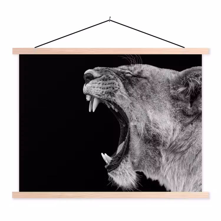 Dieren - Leeuw - Zwart - Wit - Portret textielposter latten blank klein -3d