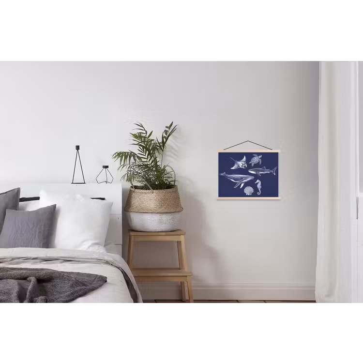 Dieren - Zeeleven - Oceaan - Graveren - Blauw textielposter latten blank klein -woonkamer