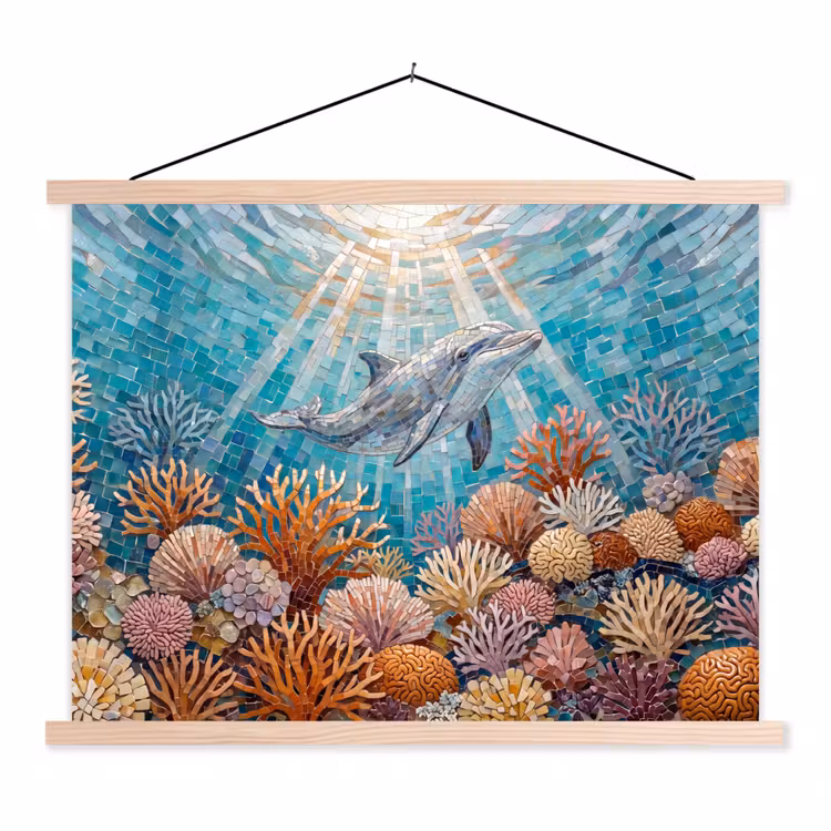 Dieren - Mozaïek - Oceaan - Koraal - Blauw textielposter latten blank klein -3d