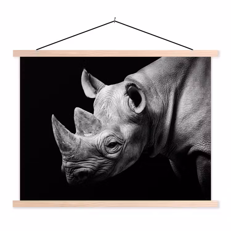 Dieren - Neushoorn - Zwart - Wit - Portret textielposter latten blank klein -3d