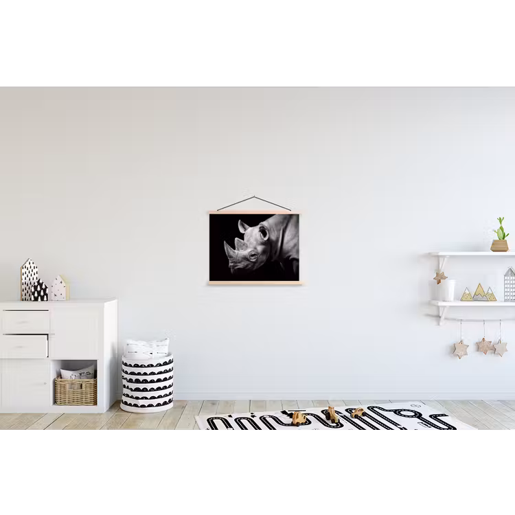 Dieren - Neushoorn - Zwart - Wit - Portret textielposter latten blank klein -kinderkamer