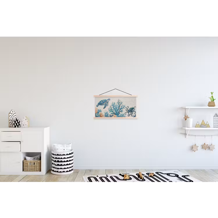 Dieren - Onderwater - Natuur - Mozaïek - Blauw textielposter latten blank klein -kinderkamer