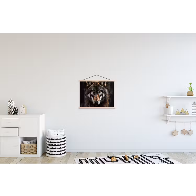 Dieren - Wolf - Portret - Zwart - Bruin textielposter latten blank klein -kinderkamer