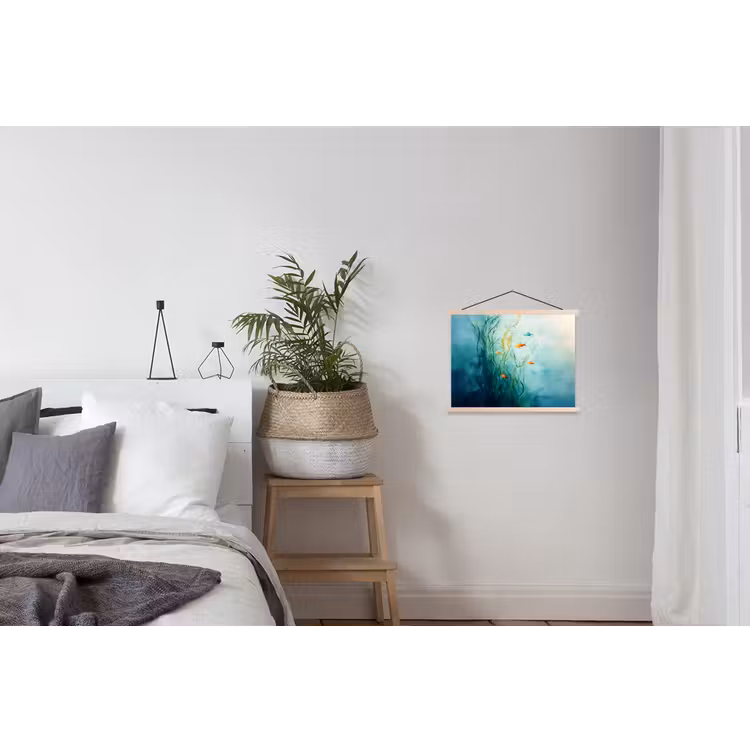 Waterplanten - Vissen - Kleurrijk - Water textielposter latten blank klein -woonkamer