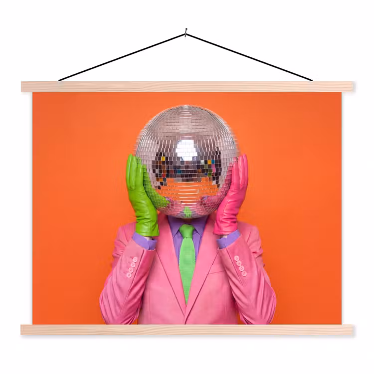 Kunst - Disco bal - Kleurrijk - Modern - Studio textielposter latten blank klein -3d