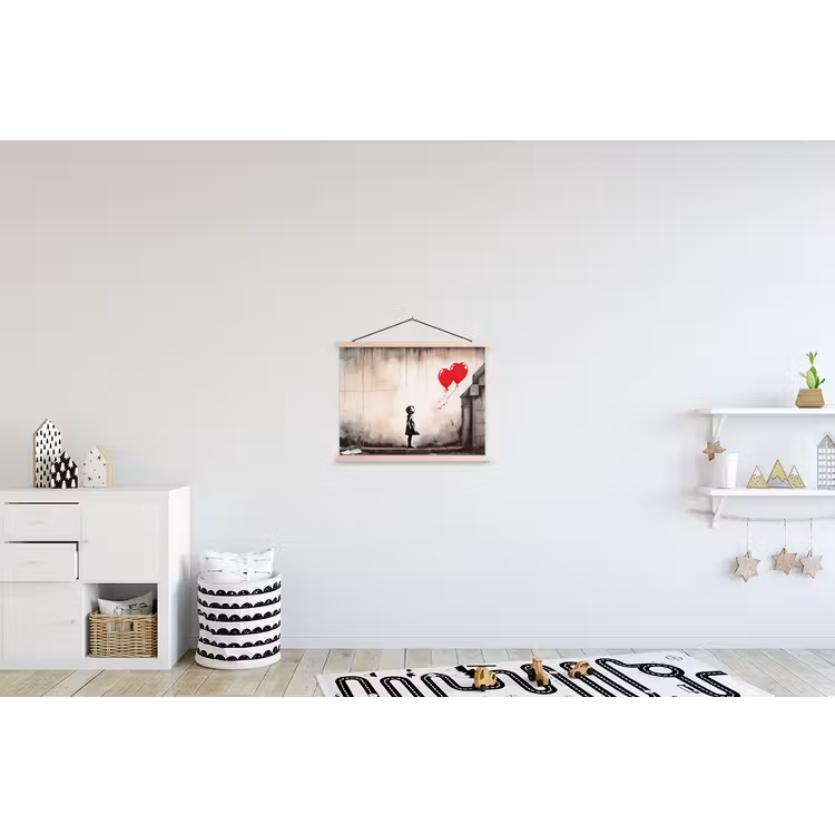 Kunst - Meisje - Ballonnen - Hart - Grijs textielposter latten blank klein -kinderkamer
