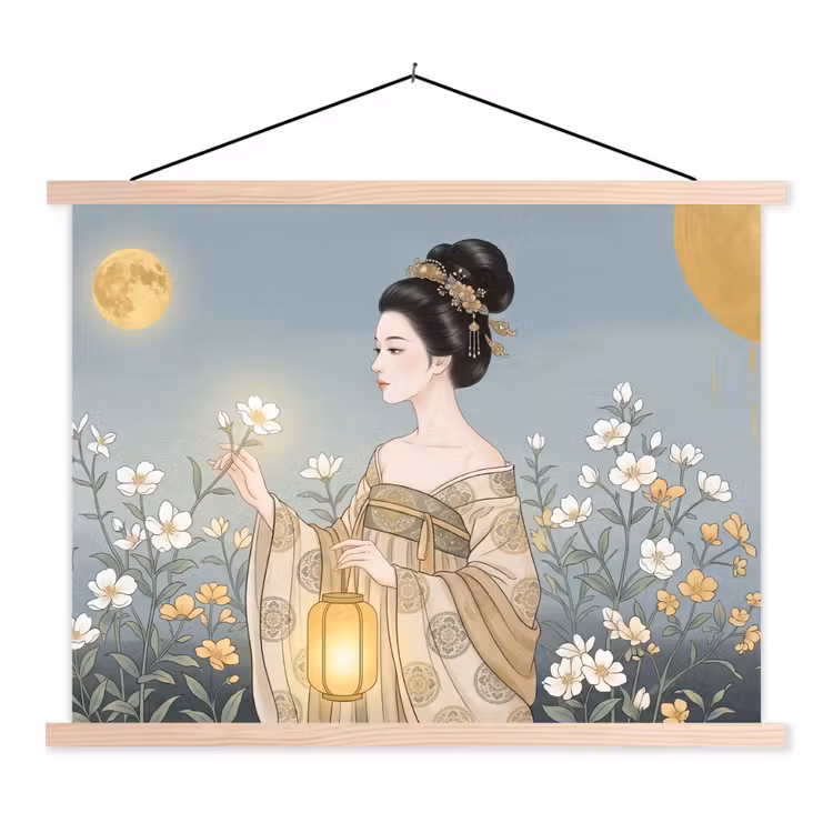 Aziatisch - Vrouw - Kimono textielposter latten blank klein -3d