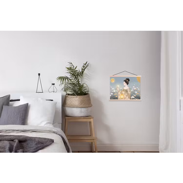 Aziatisch - Vrouw - Kimono textielposter latten blank klein -woonkamer