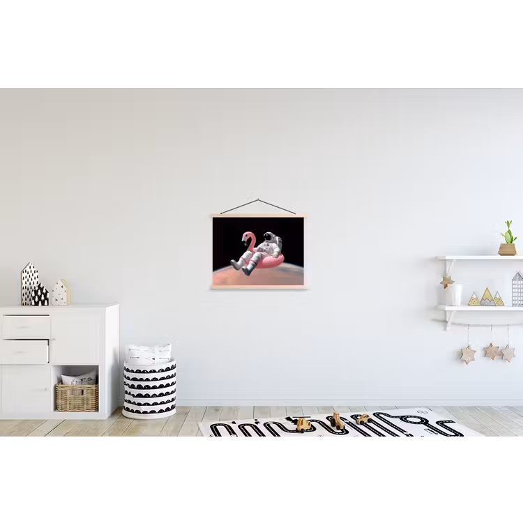 Astronaut - Flamingo - Zwemband - Roze textielposter latten blank klein -kinderkamer