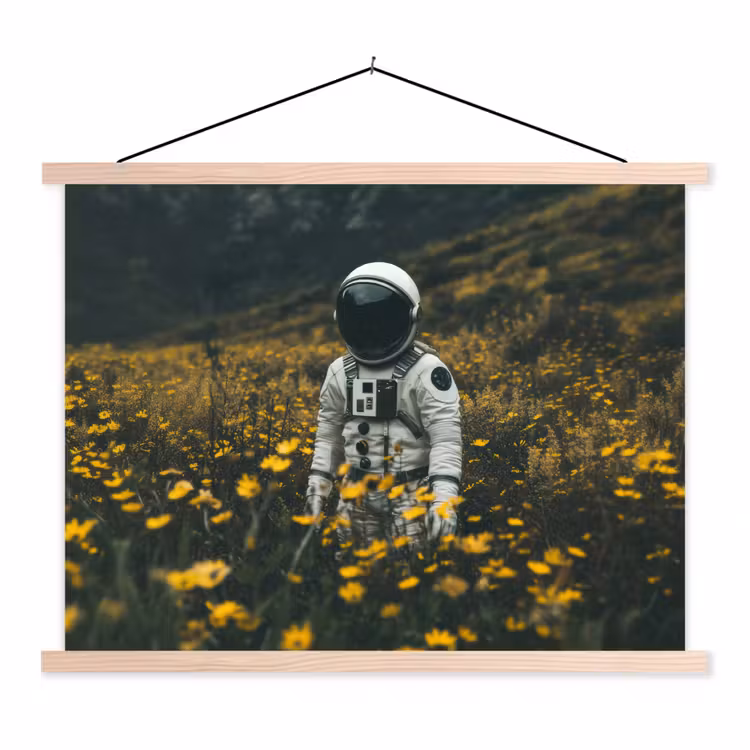 Astronaut - Bloemen - Veld - Geel textielposter latten blank klein -3d