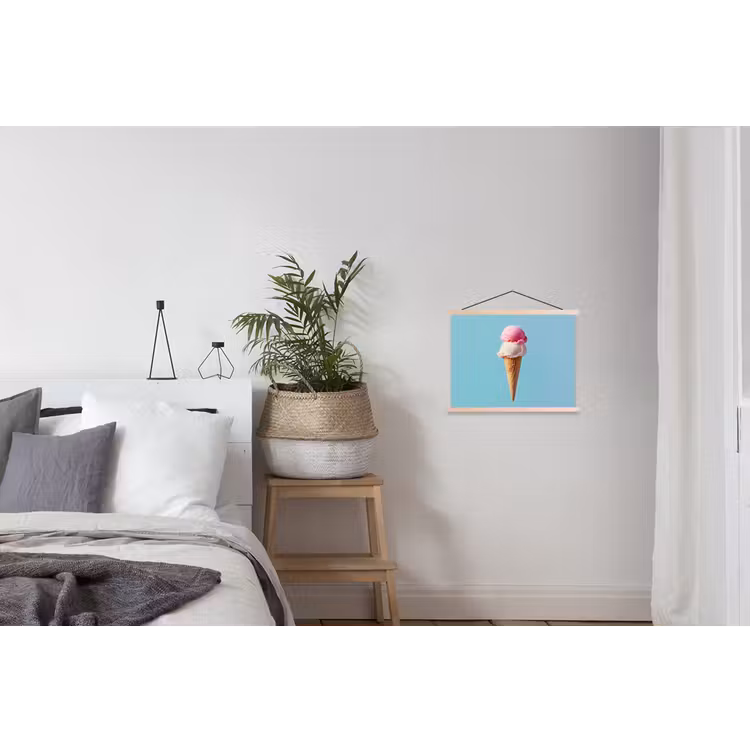 Bolletjes - Schepijs - Hoorntje - Blauw textielposter latten blank klein -woonkamer