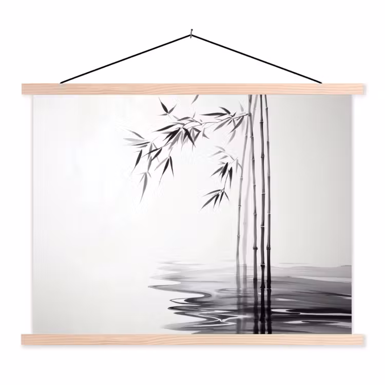 Bamboestammen - Water - Minimalistisch - Wit textielposter latten blank klein -3d
