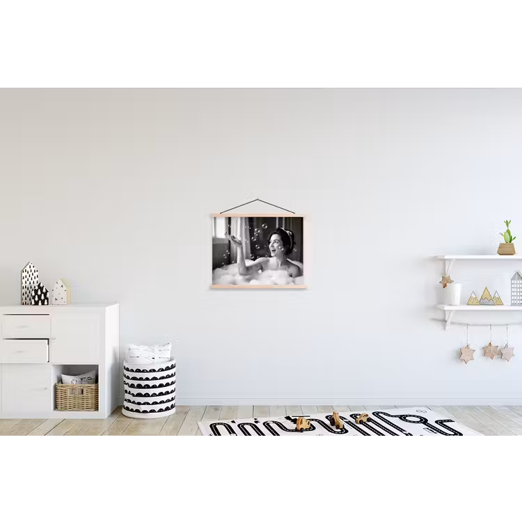 Bad - Bubbels - Zwart - Wit textielposter latten blank klein -kinderkamer