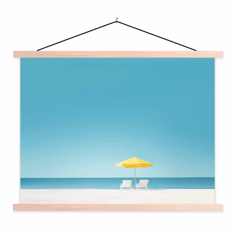 Strand - Blauwe lucht - Geel - Parasol textielposter latten blank klein -3d