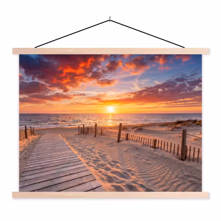 Strand - Zonsondergang - Zee - Natuur - Oranje textielposter latten blank klein -3d
