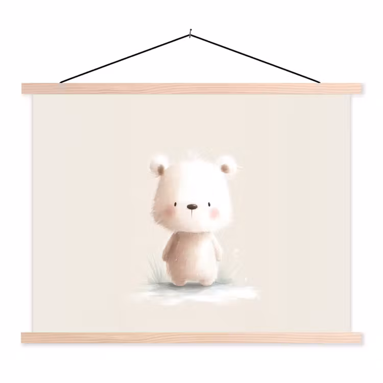 Beertje - Sneeuwvlokje - Wit - Pluizig textielposter latten blank klein -3d