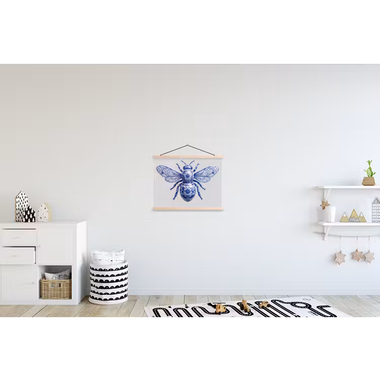 Bij - Modern - Delfts - Blauw textielposter latten blank klein -kinderkamer