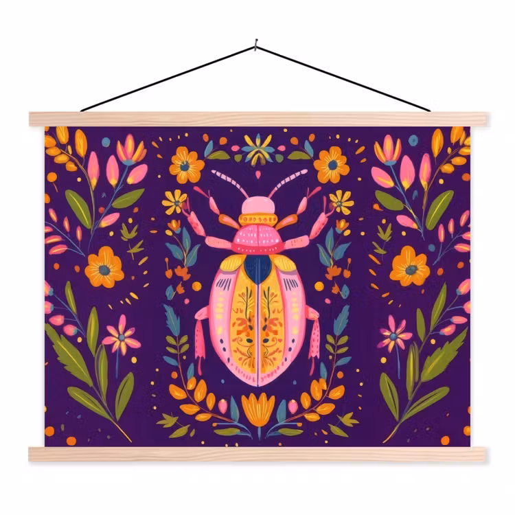 Kever - Felgekleurd - Bloemen - Bladeren textielposter latten blank klein -3d