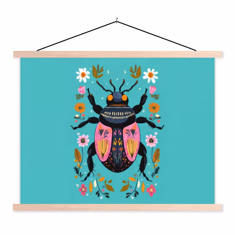 Kever - Bloemmotieven - Turquoise - Bladeren textielposter latten blank klein -3d