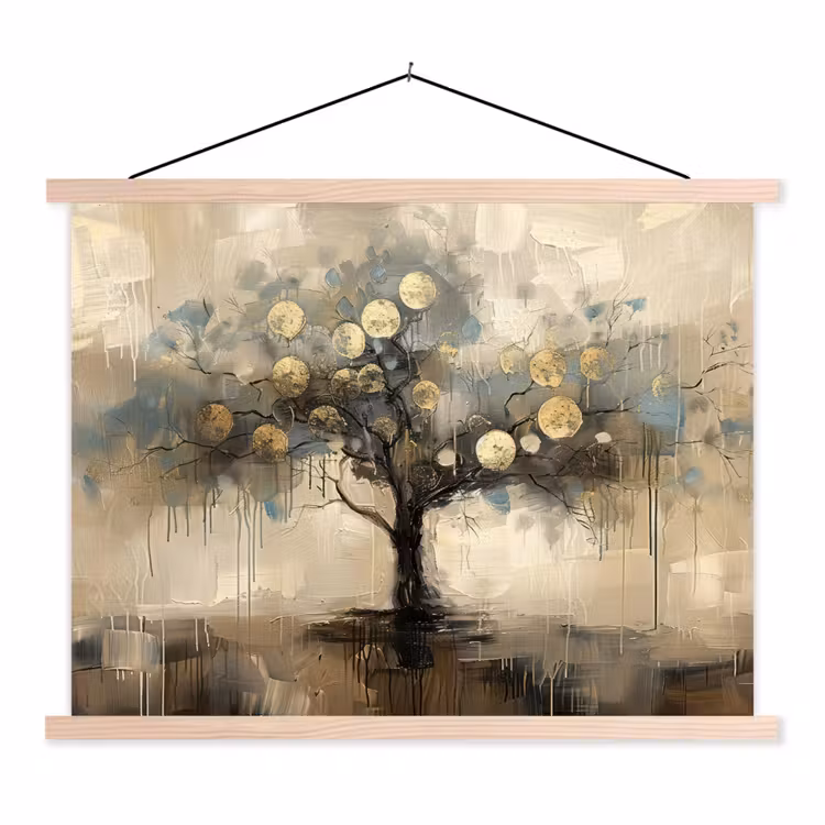 Beige - Abstract - Boom - Goud textielposter latten blank klein -3d