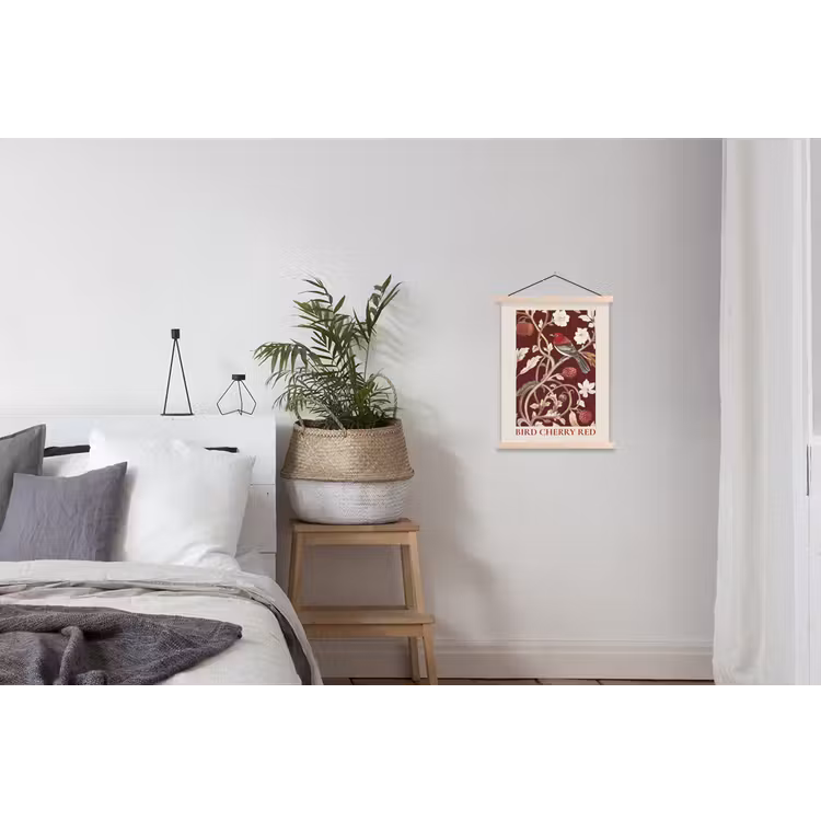 Vogel - Bordeaux - Bloemen - Bessen textielposter latten blank klein -woonkamer