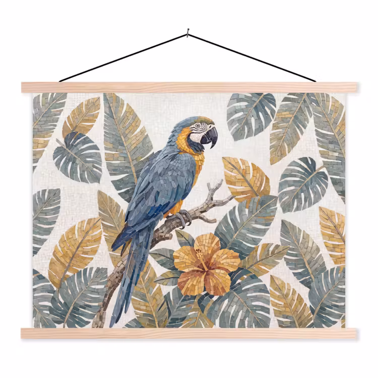 Vogel - Tak - Natuur - Mozaïek - Blauw textielposter latten blank klein -3d