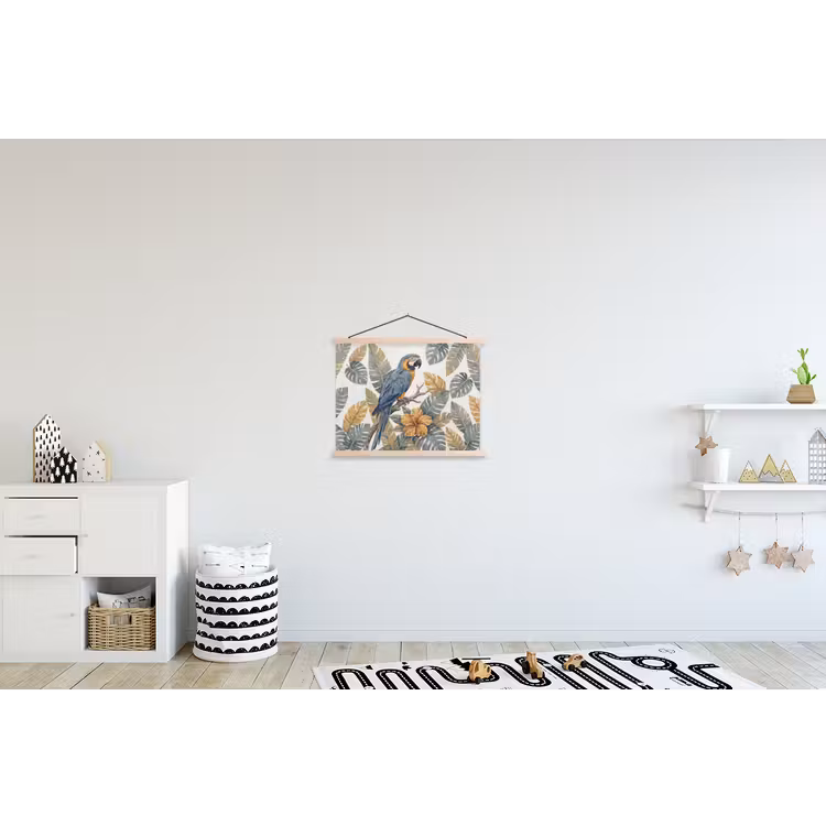 Vogel - Tak - Natuur - Mozaïek - Blauw textielposter latten blank klein -kinderkamer